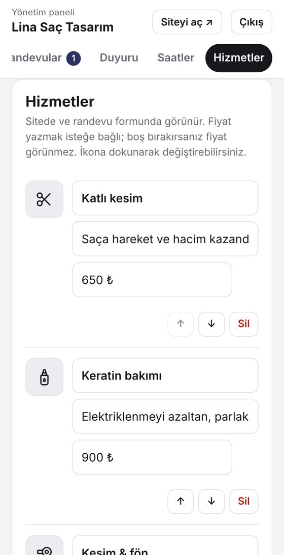 Yönetim panelinde hizmetler ve fiyatlar