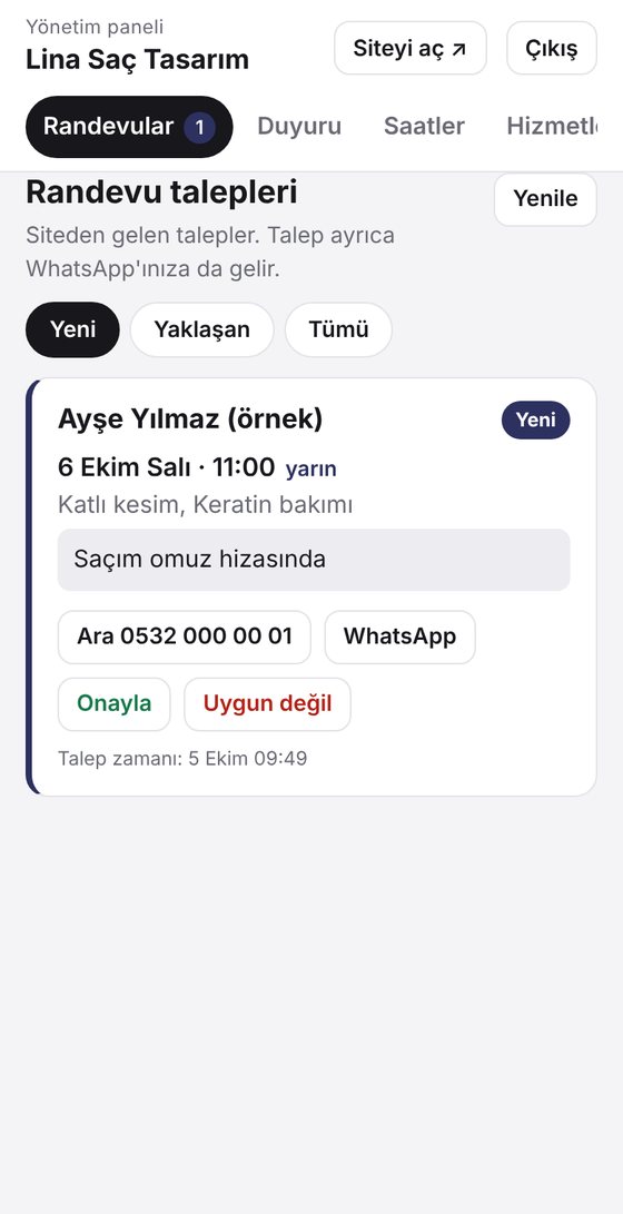 Yönetim panelinde randevu talepleri listesi